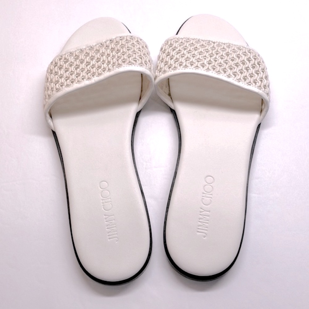 (Nwob) Jimmy Choo Sz 40.5 Minea Raffia Leather Slide Sandal White (New, No Box)